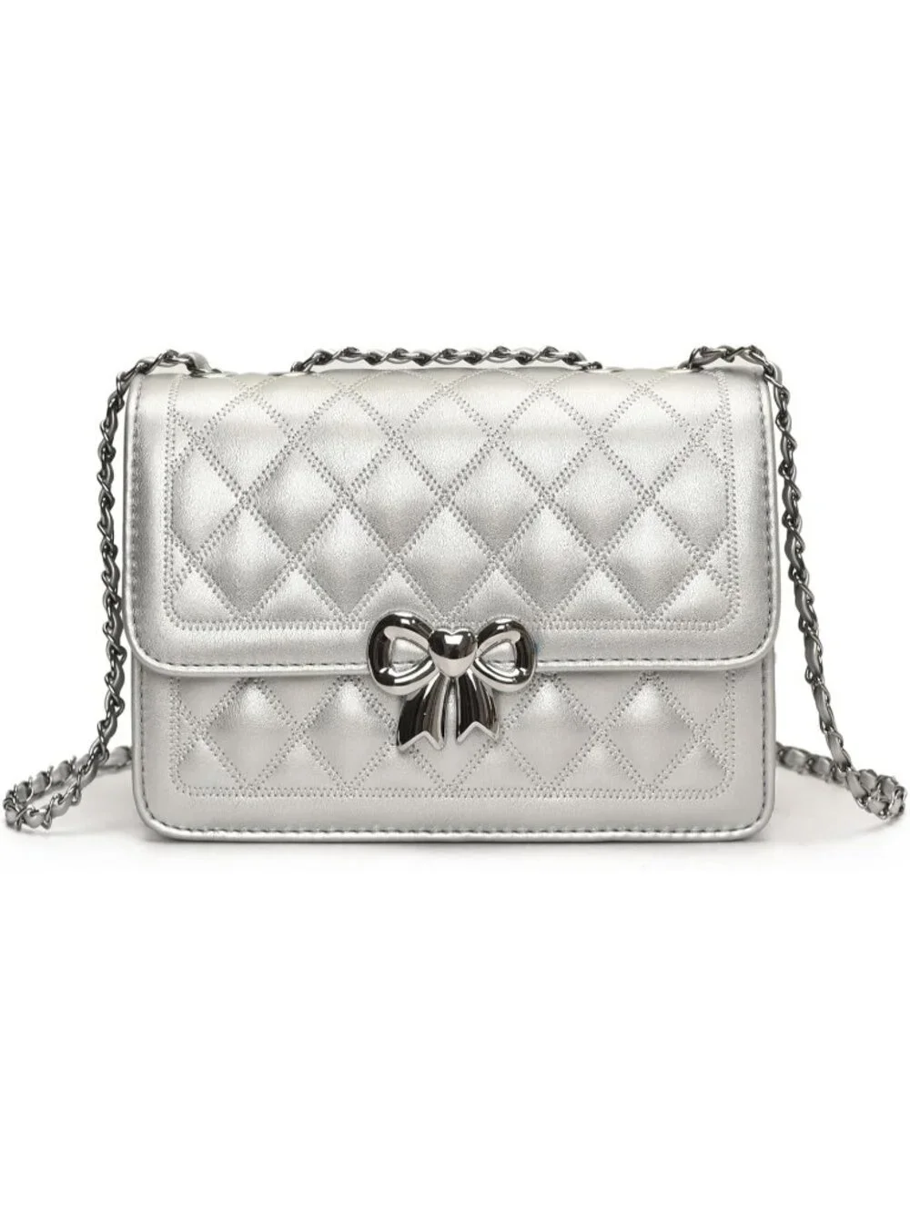 Women's Silver Quilted Small Pu Leather Shoulder Purse Chain Crossbody Bag